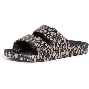 NWT Freedom Moses Two Band Slide Sandals Slip-On Black Floral Size 8/9 Casual